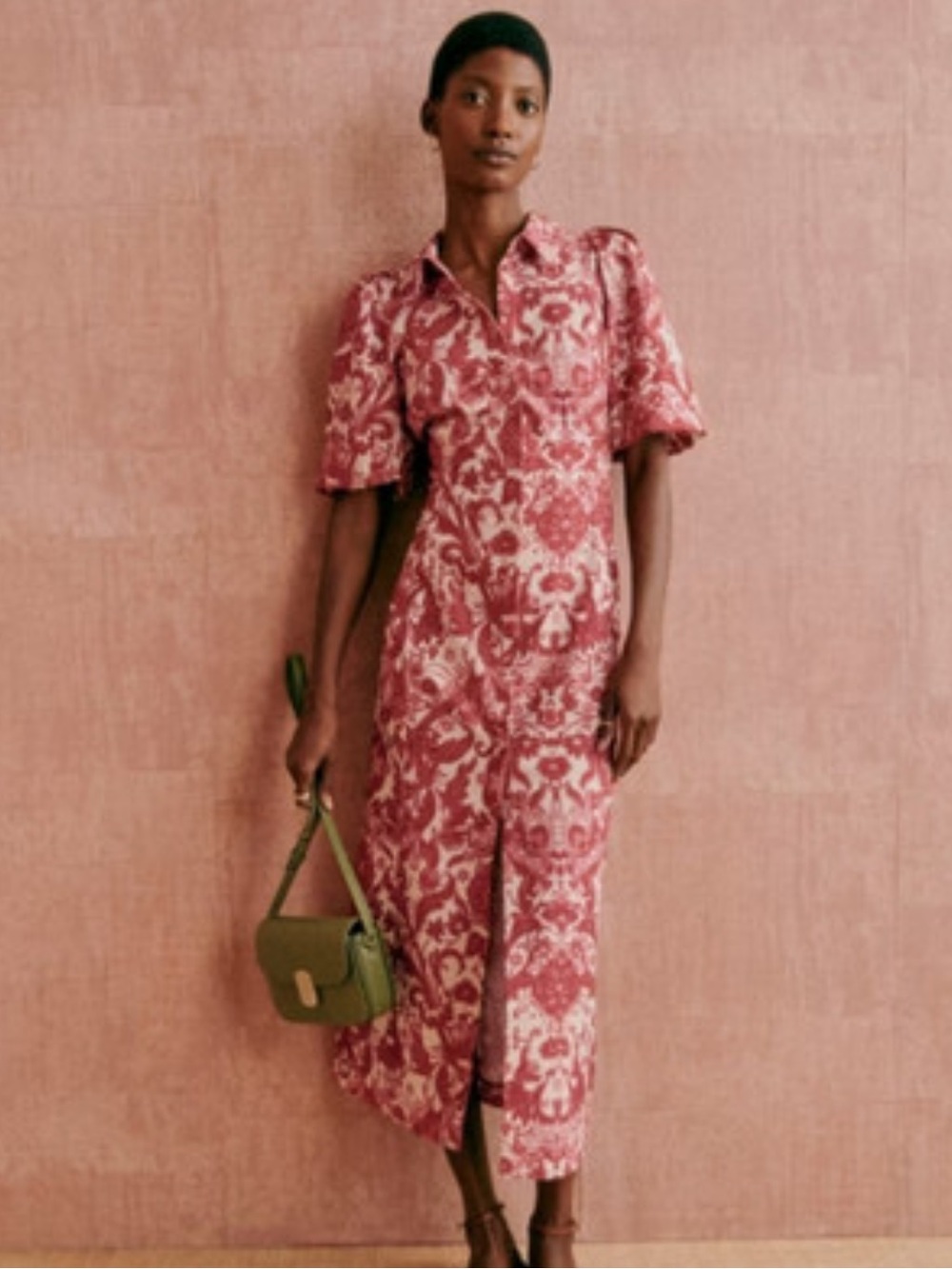Sezane Red and Cream Floral Midi Dress with Front Slit - Picture 3 of 5
